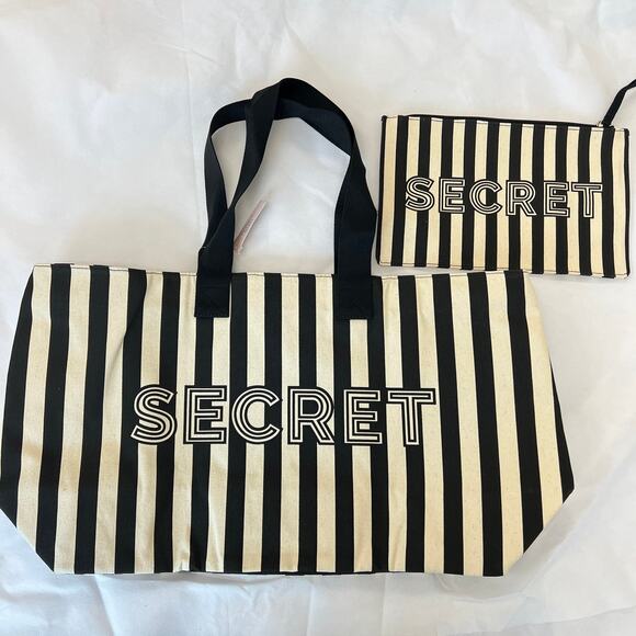 Victoria's Secret Pink Tote Weekender Bag Black Off White Vertical Stripe Canvas - Picture 4 of 5